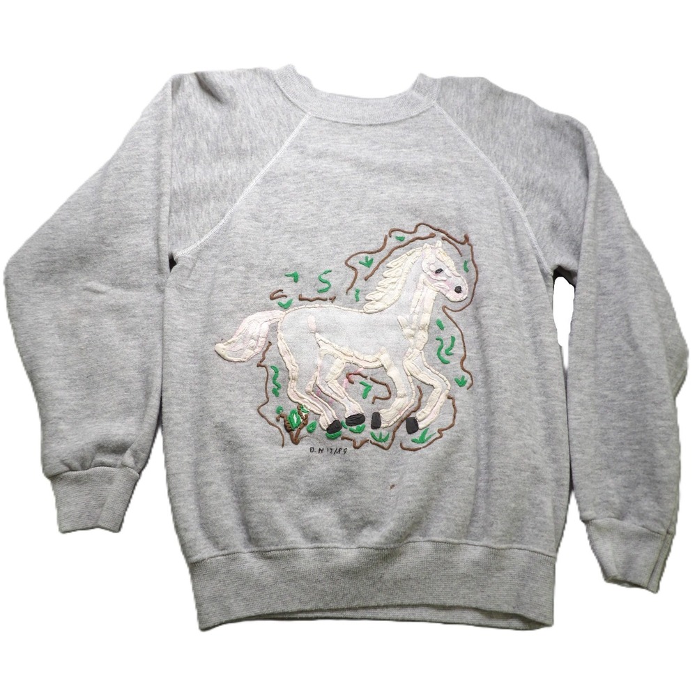 VTG 80s Hanes Hand Painted Horse Puffy Paint Raglan Sweatshirt Unisex S USA Gray